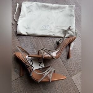 ZARA Nude Tan Rhinestone-Strap Stiletto Sandals